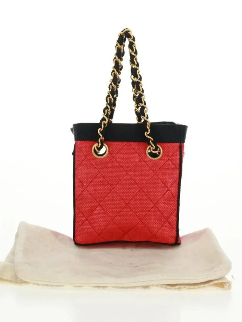 CHANEL Chain Hand Bag Raffia Red Gold CC Auth 162896V